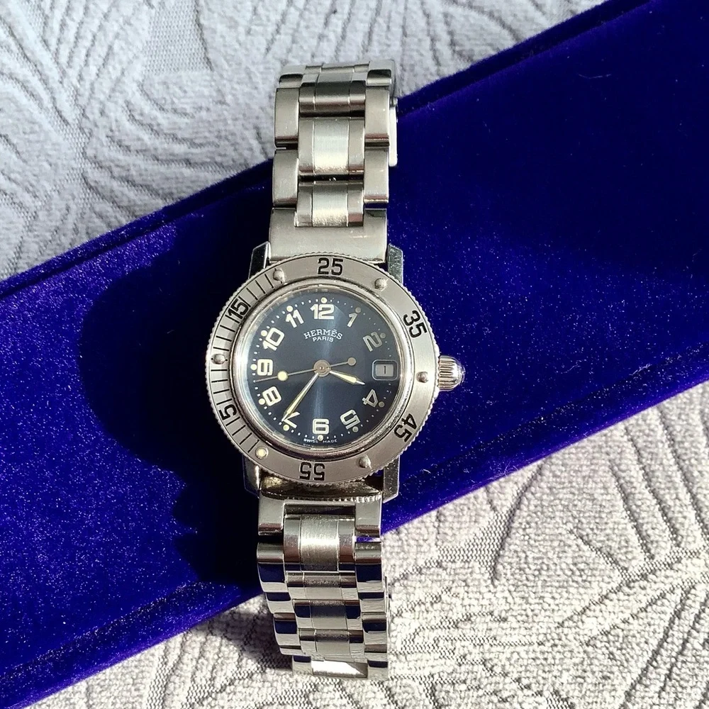 Hermes Silver Steel Bracelet Watch with Blue Dial